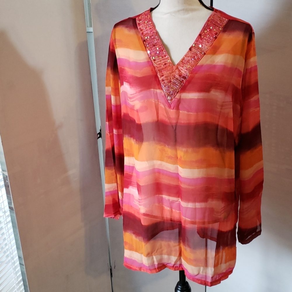 Women's Pink Orange Striped V-Neck Tunic Blouse